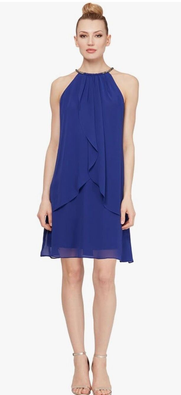 S.L. Fashions Women's Short Beaded Halter Neck Cocktail Gown NWT Size 14